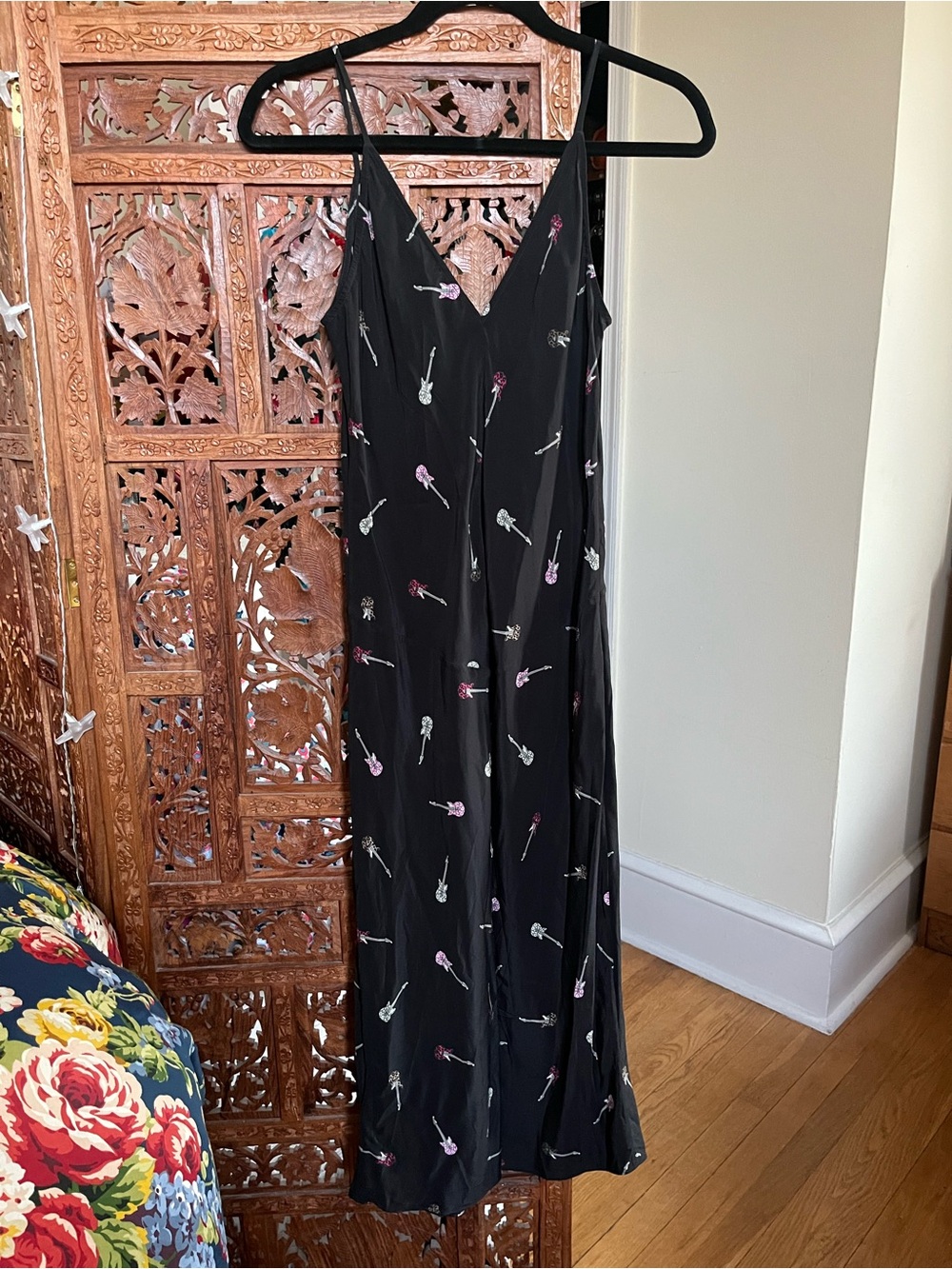 Equipment Black Maxi Slip Dress with Pink and Silver Guitar Print - Picture 2 of 4